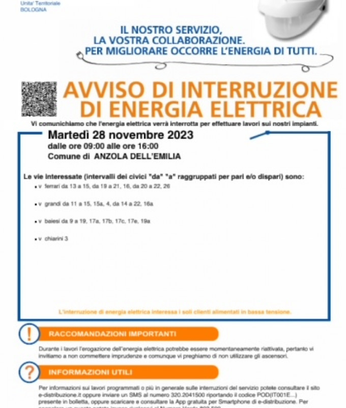 interruzione energia elettrica 28 nov 2023