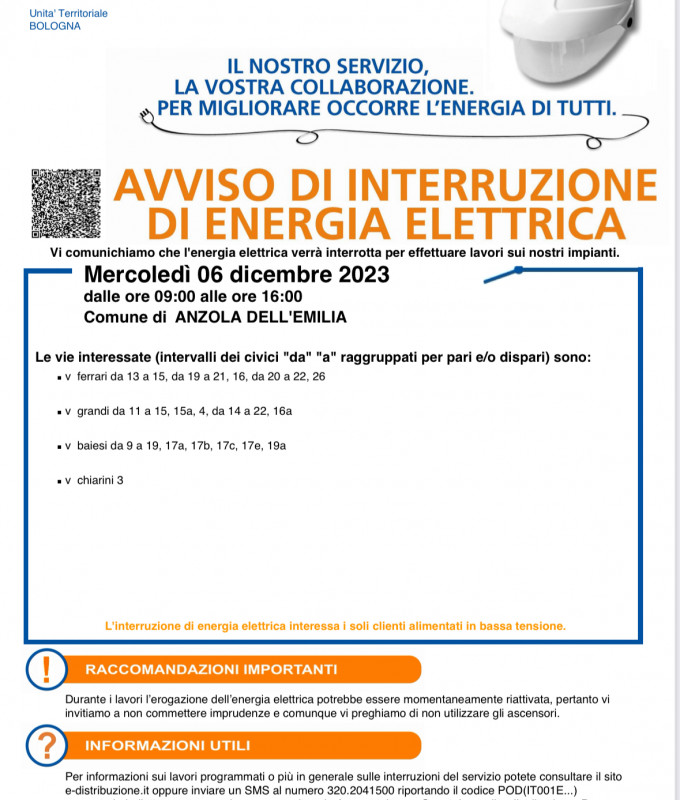 interruzione energia elettrica 6 dic 2023