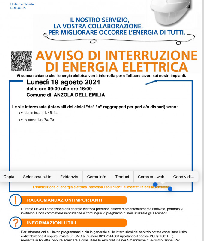 Interruzione elettricità 19 agosto 2024