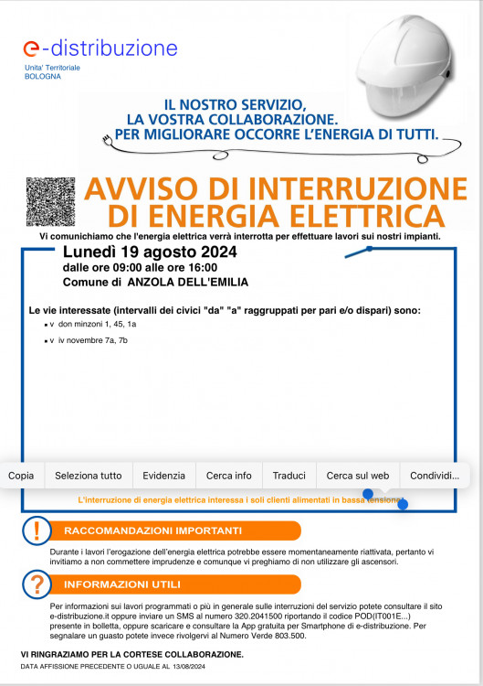 Interruzione elettricità 19 agosto 2024