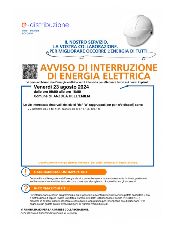 Interruzione energia elettrica 23 agosto 2024